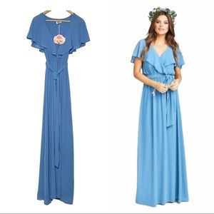 BOGO Show Me Your Mumu Audrey Maxi Dress Slate Blue Chiffon Ruffle Tie NWT XS